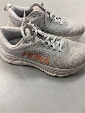 Hoka Light Gray Athletic Sneakers with Rose Gold Logo